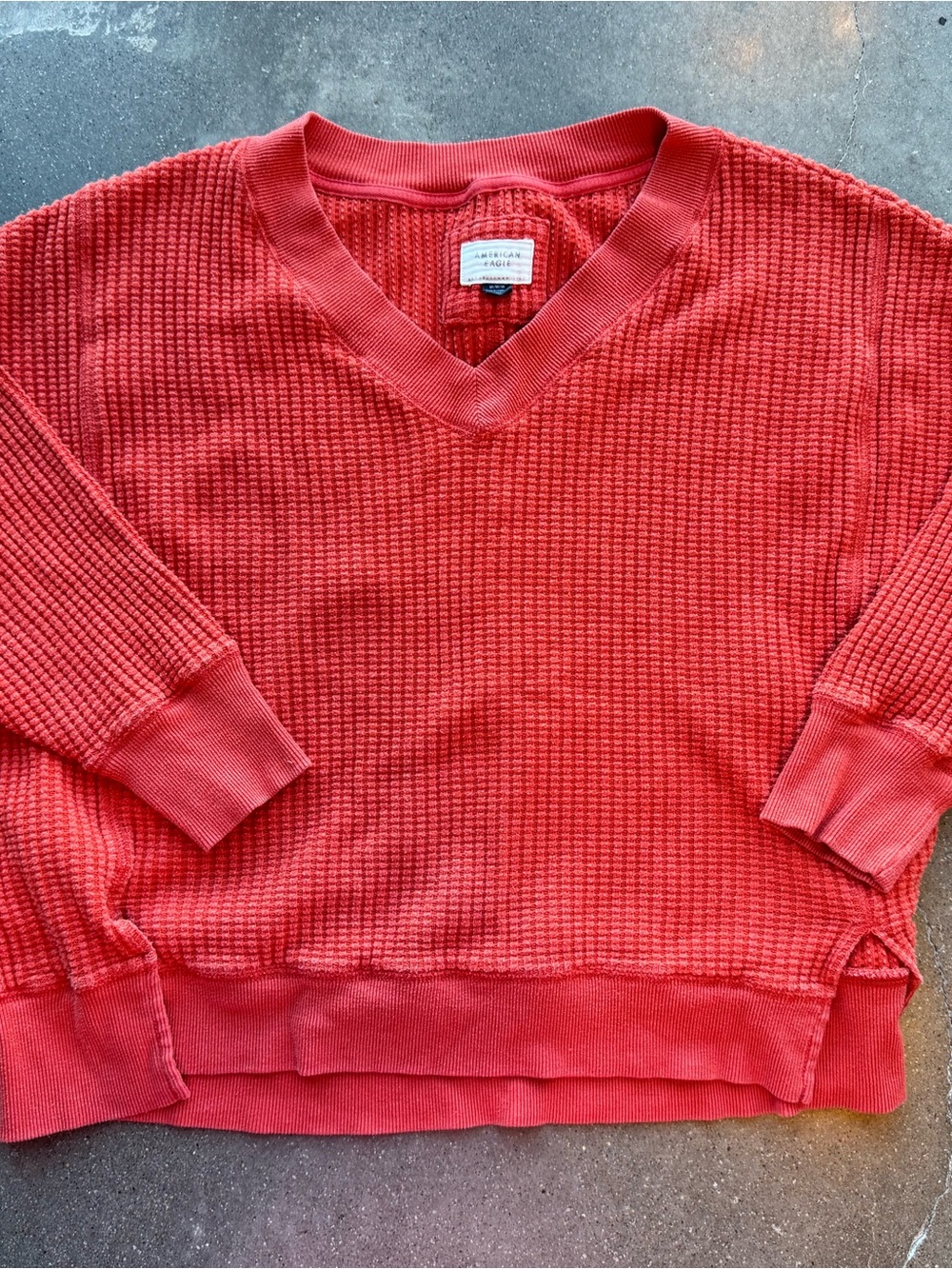 American Eagle Outfitters Coral-Red Waffle V-Neck Sweater